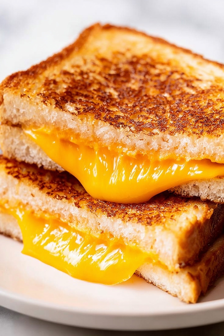 A close-up image shows a grilled cheese sandwich made of two slices of bread with a golden brown, crispy toast exterior. The sandwich is cut diagonally into two halves stacked one on top of the other, with bright yellow melted cheese oozing out between the layers. The bread's texture appears soft inside with a crunchy crust, and the cheese inside looks smooth and creamy, dripping slightly at the edges. The sandwich is placed on a white plate over a white marbled surface. Photo taken with an iphone --ar 2:3 --v 7