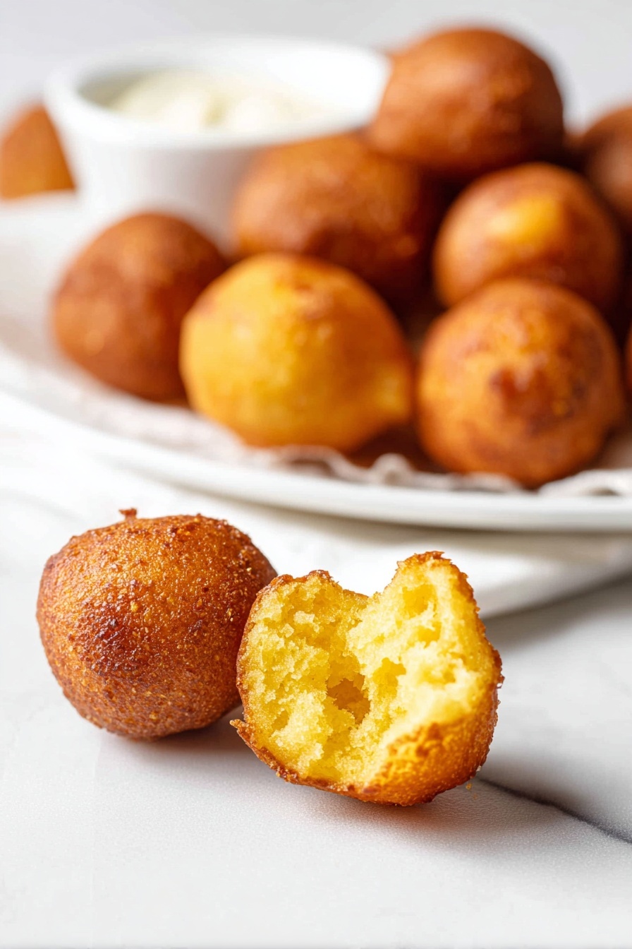The image shows a group of small, round golden brown fried dough balls on a white marbled surface, with one dough ball in the front broken open to reveal its soft, crumbly yellow inside. In the background, a white plate holds more of these dough balls along with a small white bowl of creamy white dipping sauce. The dough balls have a crunchy texture on the outside and a fluffy texture inside. The scene is bright and clean with a close-up focus on the open dough ball photo taken with an iphone --ar 2:3 --v 7
