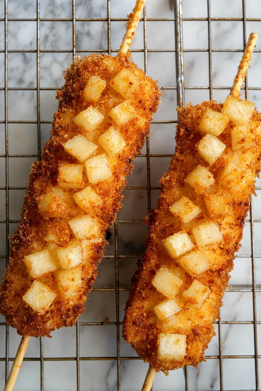 Two skewers of fried food are shown on a wire rack. Each skewer has a golden brown crispy base layer covered with small, light beige cubes that add a crunchy texture. The cubes are evenly placed all over the surface, giving a rough and textured look. The background is a white marbled surface visible through and around the wire rack. The overall colors are warm, with shades of golden brown and cream. photo taken with an iphone --ar 2:3 --v 7