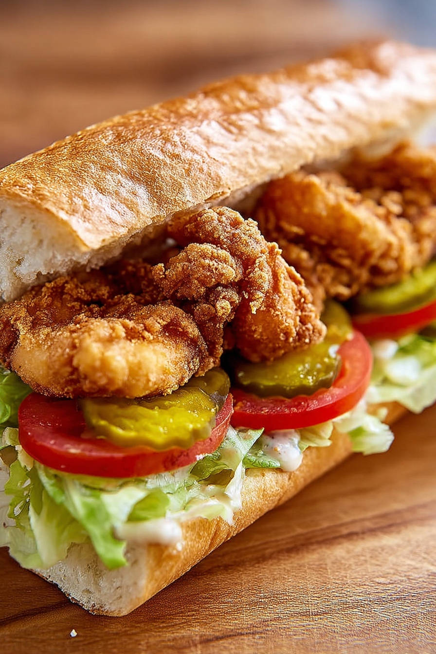 The image shows an open sandwich on a plain white plate over a white marbled surface. The sandwich has two layers: the left side is topped with green shredded lettuce, three yellow pickle slices, and two thick red tomato slices with visible seeds, while the right side has a spread of light creamy sauce topped with five golden crunchy fried shrimp. In the background, parts of other white plates are visible, one with more fried shrimp and another with lettuce, tomato slices, and pickle slices. A small white bowl with a creamy sauce and a metal spoon is near the bottom right corner, and a blue and white striped cloth is partially seen near the bottom left side. photo taken with an iphone --ar 2:3 --v 7
