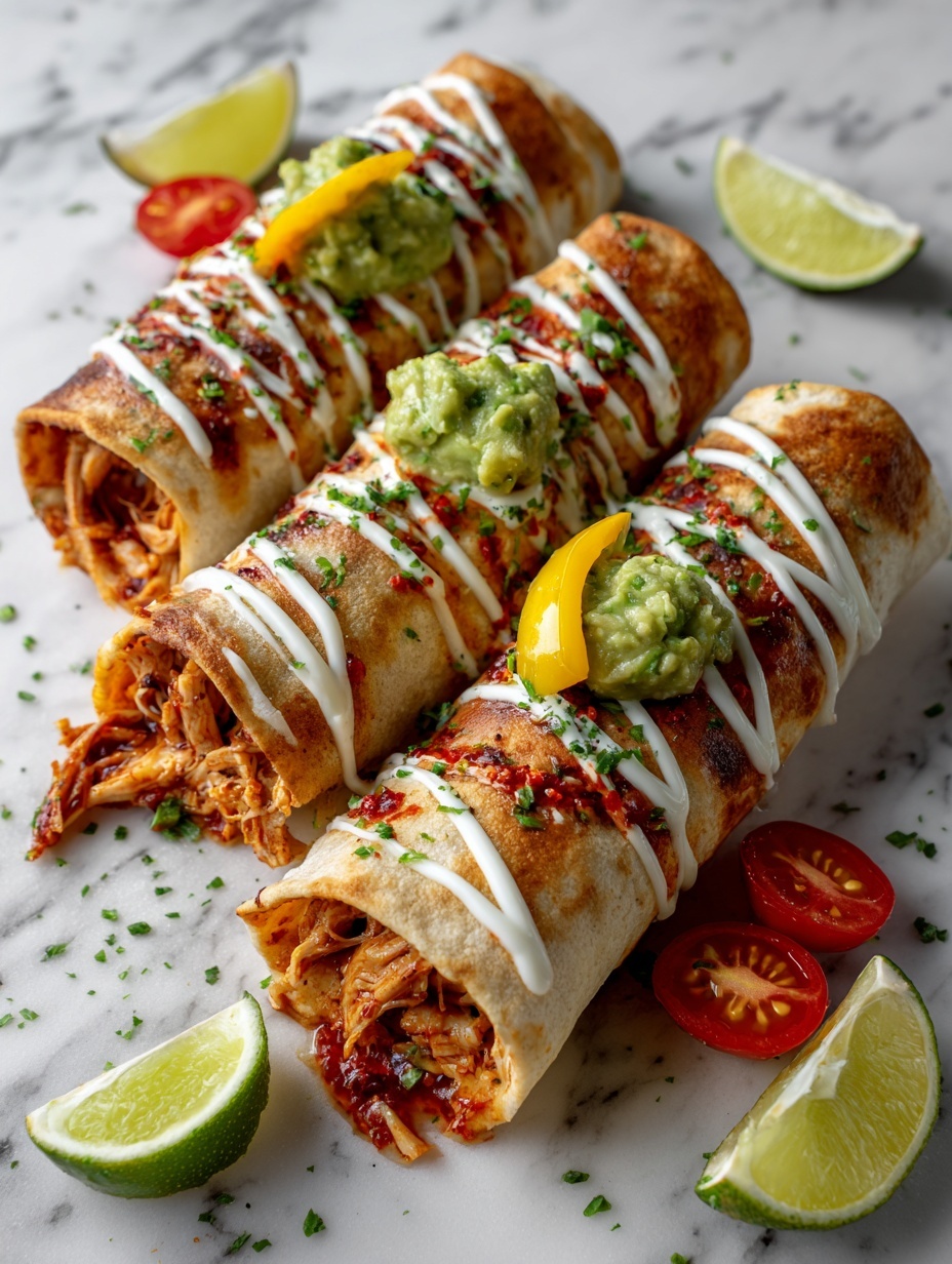 The image shows three golden brown, crispy burritos placed close together on a white plate with a subtle embossed pattern and a white marbled surface beneath. Each burrito is drizzled with thin white sour cream lines across the top. On top of the nearest burrito, there is a smooth, green dollop of guacamole with small chunks visible, topped with bright yellow and red cherry tomato pieces and small green cilantro leaves scattered on and around the burritos. photo taken with an iphone --ar 2:3 --v 7