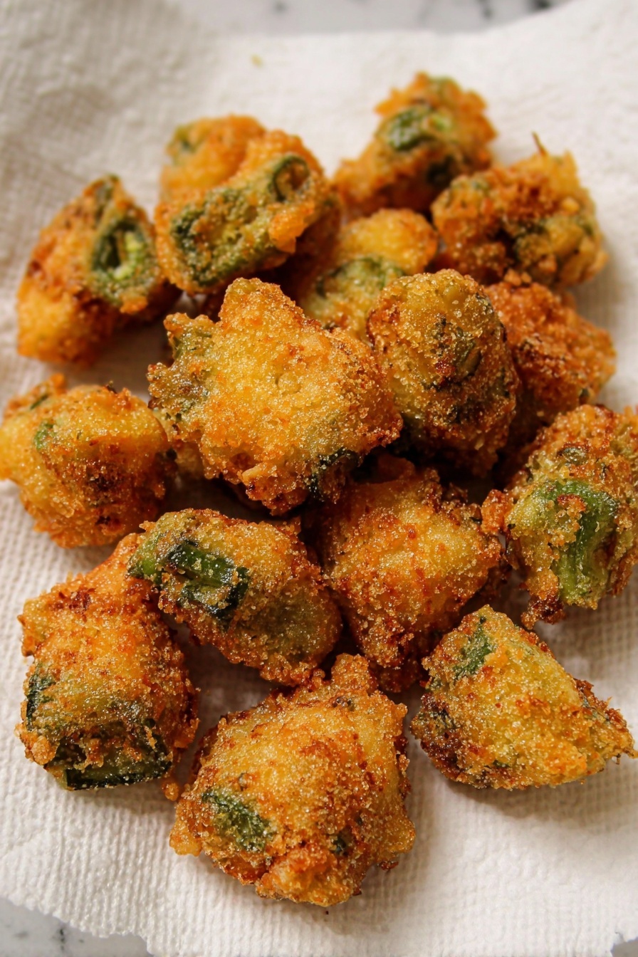 The image shows a pile of small, irregularly shaped fried pieces with a golden brown, crunchy coating and visible green bits inside, suggesting they are battered vegetables. They are placed closely together on a white paper towel that absorbs oil, with the paper towel showing a soft, textured pattern. The fried pieces have a rough and grainy surface, with some areas darker than others, giving a crispy look. The background is a white marbled texture. photo taken with an iphone --ar 2:3 --v 7