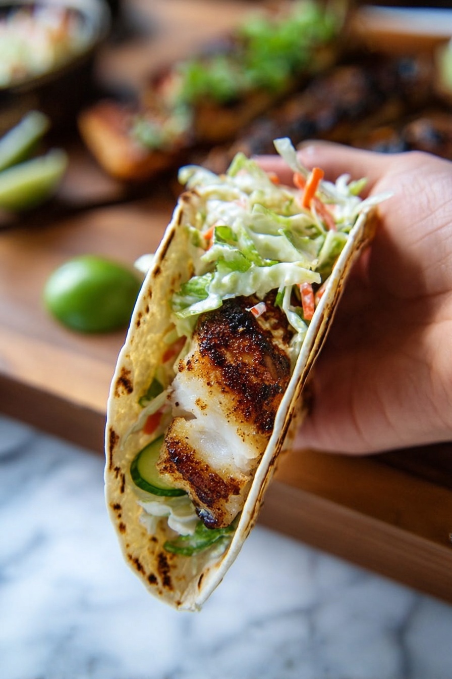 A woman's hand is holding a small soft taco with three visible layers inside: the bottom layer is a piece of grilled fish with a brown charred crust, the middle layer includes fresh light green lettuce and thin slices of cucumber, and the top layer has shredded white cabbage mixed with small orange carrot strips. The taco shell is lightly toasted with char marks. The background is a white marbled texture with blurred grilled food and green garnishes on a wooden board in the distance. photo taken with an iphone --ar 2:3 --v 7