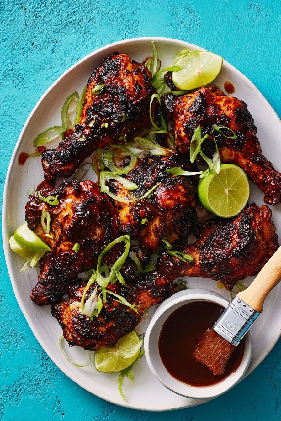 A white plate filled with seven pieces of dark grilled chicken that have a charred, crispy skin showing deep red and black colors. The chicken is topped with bright green sliced spring onions scattered evenly. Between the chicken pieces are light green lime wedges adding contrast. On the right side of the plate, a brush with a wooden handle applies a shiny dark sauce to the chicken, with a small white bowl of the same sauce just nearby. The plate is set against a bright blue textured surface. photo taken with an iphone --ar 2:3 --v 7
