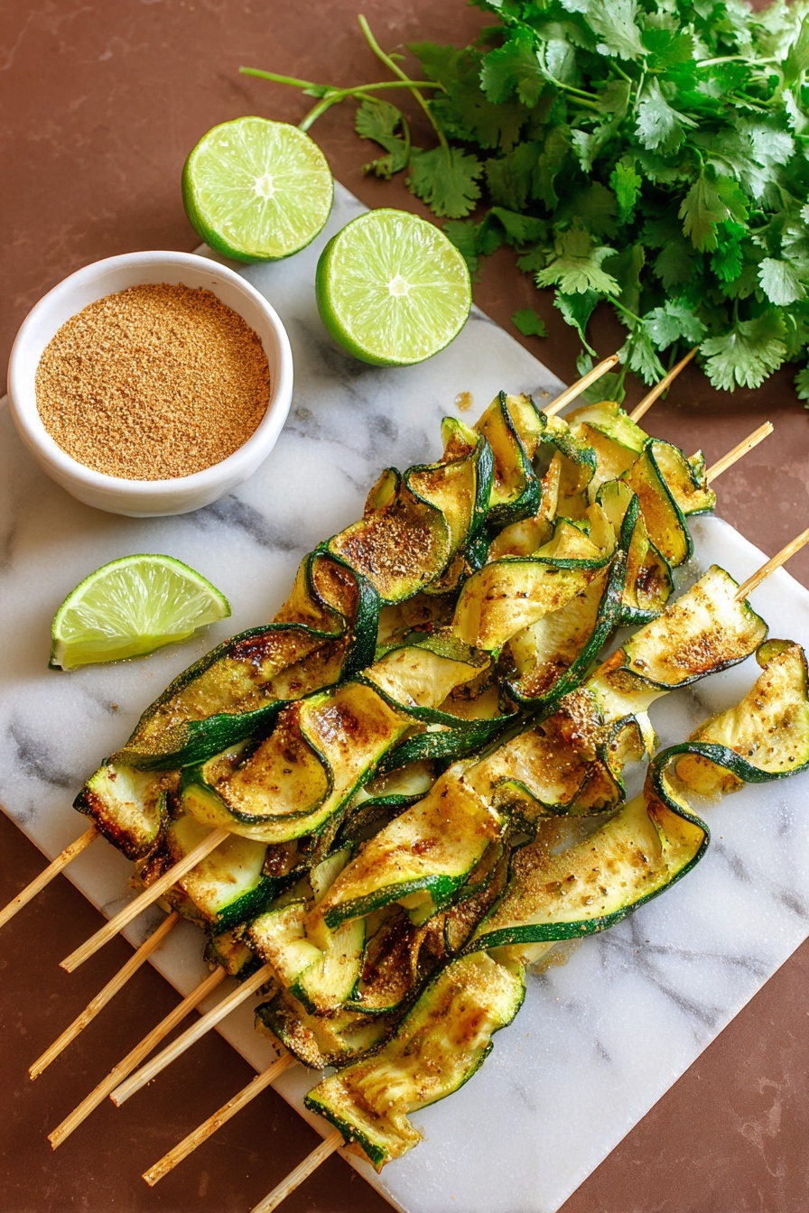 The image shows three wooden skewers with thin, grilled zucchini slices folded and layered along each skewer. The zucchini is light green with darker green edges and has some char marks giving it a slightly brown and crispy look. At the top right corner of the skewers, there are three lime wedges with a bright green color. To the left of the skewers, there is a small white bowl filled with a light brown powdery spice mix. On the upper right side, there is a bunch of fresh green cilantro with leafy texture. All is set on a white marbled surface with a warm, soft light illuminating the food. photo taken with an iphone --ar 2:3 --v 7